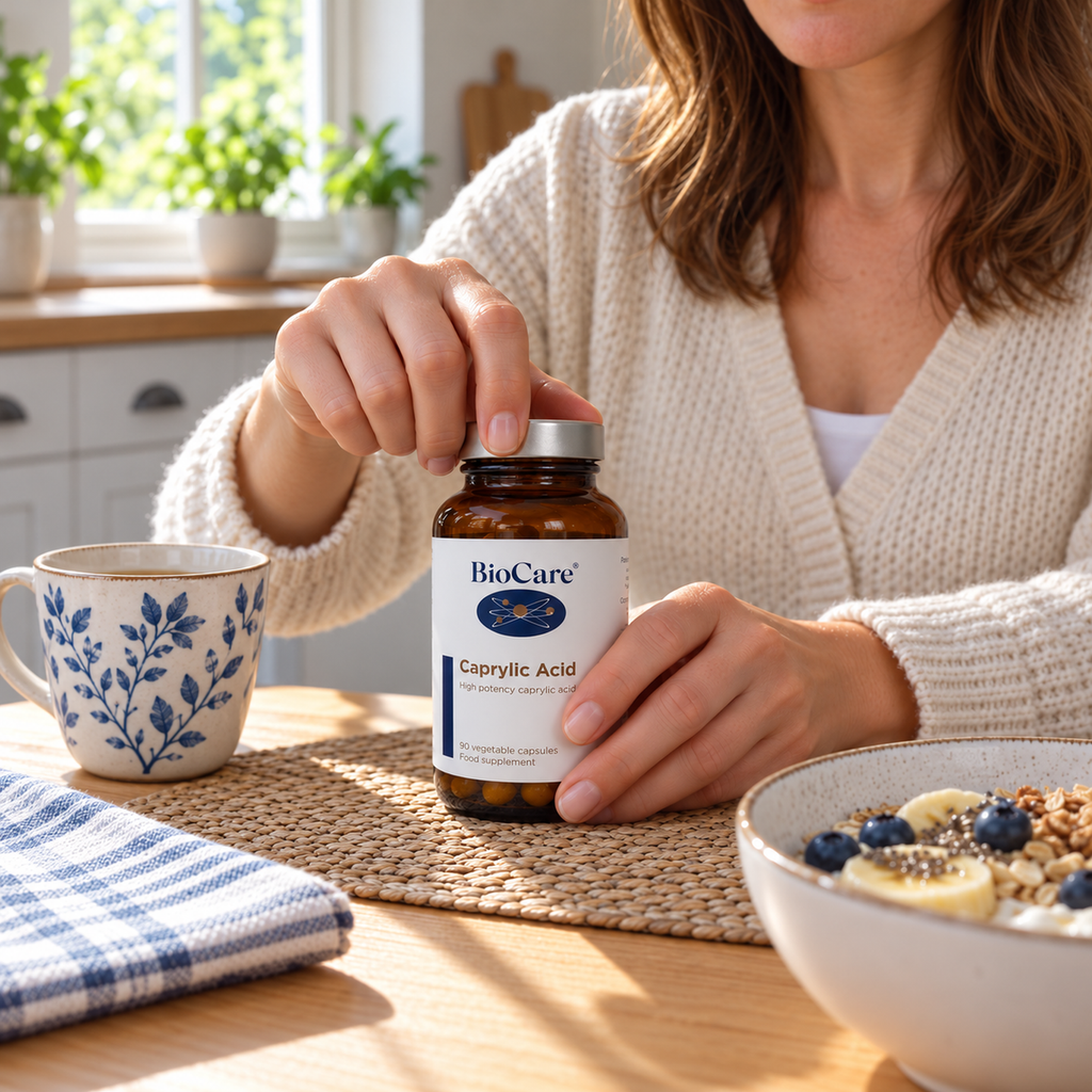 Hands opening a BioCare Caprylic Acid bottle.
