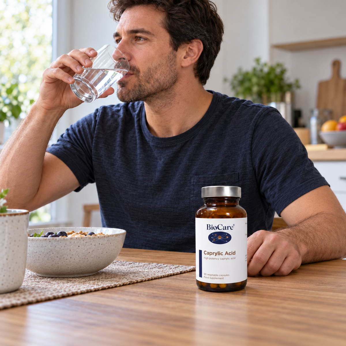 A daily supplement routine with BioCare Caprylic Acid and a glass of water.