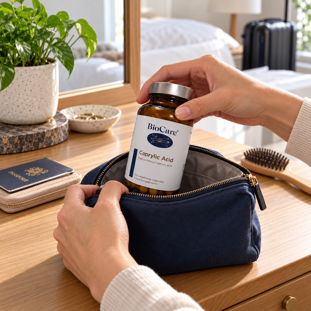 Packing a closed BioCare Caprylic Acid bottle into a travel pouch.