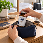 Packing a closed BioCare Caprylic Acid bottle into a travel pouch.