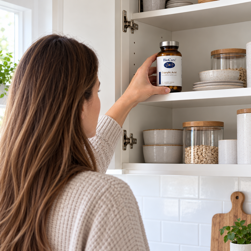 Putting a closed BioCare Caprylic Acid bottle on a kitchen shelf.