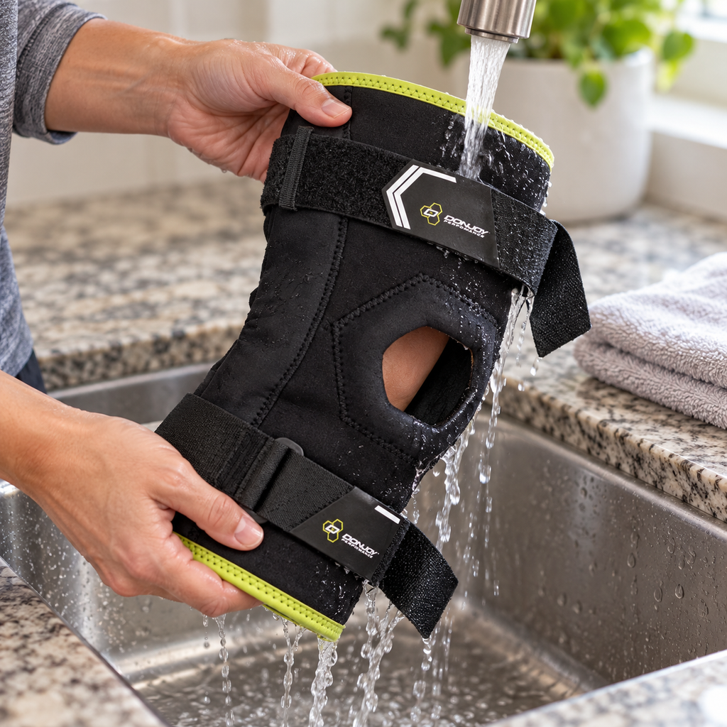 Rinsing a DonJoy Bionic Comfort knee brace by hand at a sink