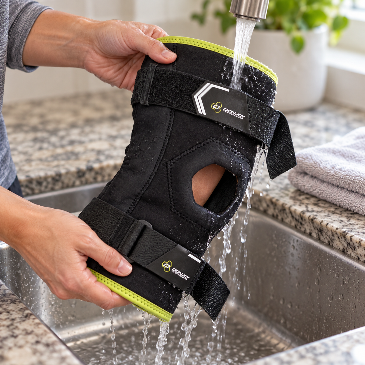 Rinsing a DonJoy Bionic Comfort knee brace by hand at a sink