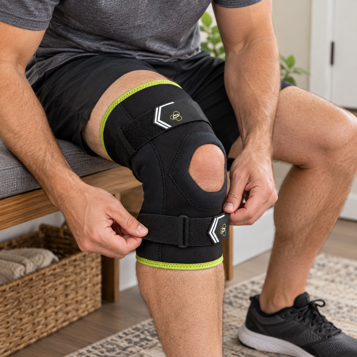 Adjusting the lower strap of a DonJoy Bionic Comfort knee brace while seated