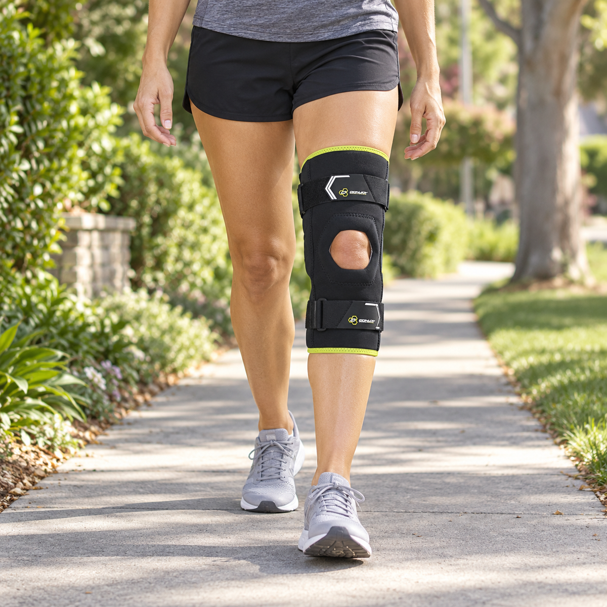 Walking along a neighborhood path wearing the DonJoy Bionic Comfort knee brace