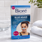 AI-generated bathroom vanity context image of Bioré Blue Agave Deep Cleansing Pore Strips 6 nose strips.