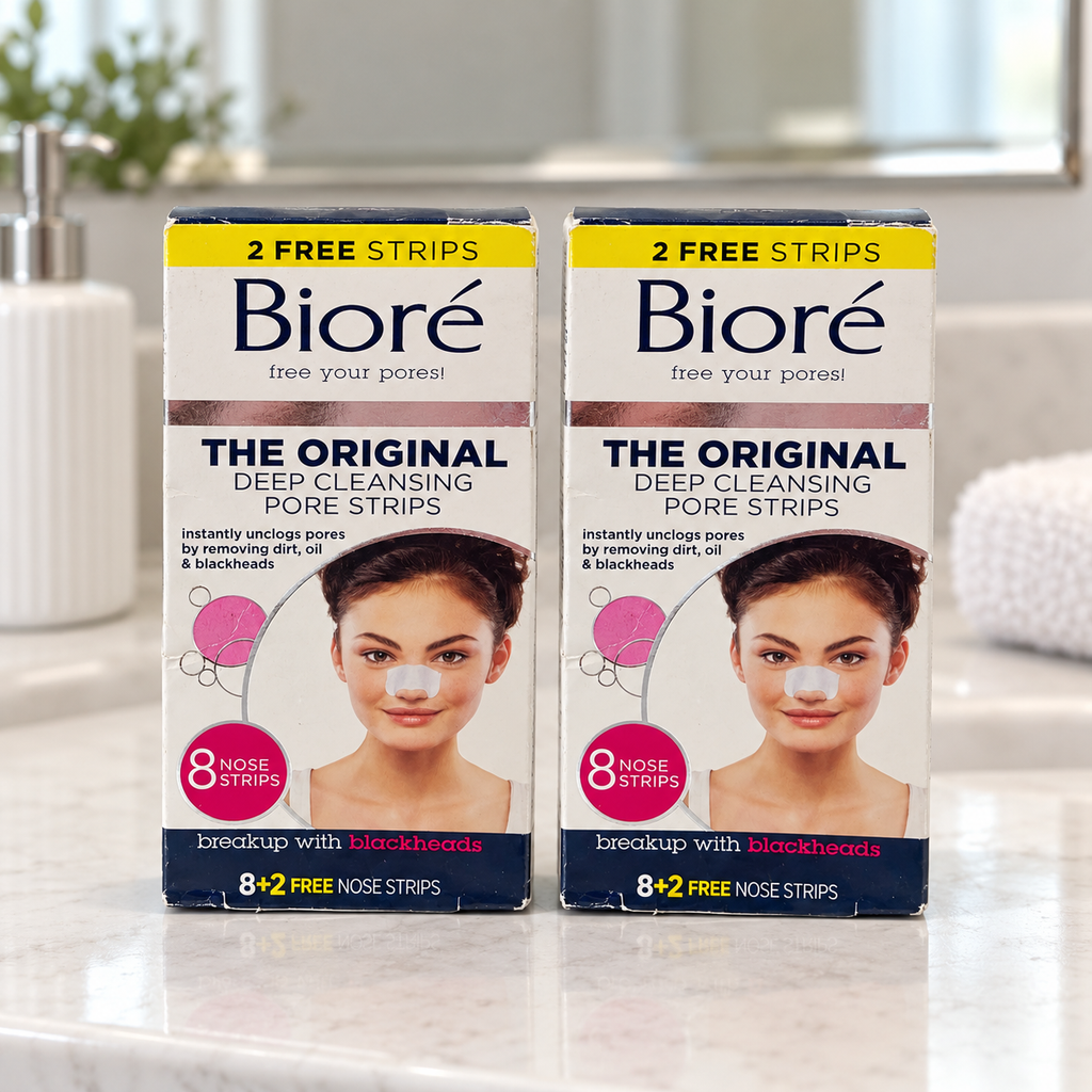 AI-generated bathroom vanity scene of two Bioré Original 8+2 nose-strip boxes, 20 strips total; props not included.