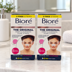 AI-generated bathroom vanity scene of two Bioré Original 8+2 nose-strip boxes, 20 strips total; props not included.