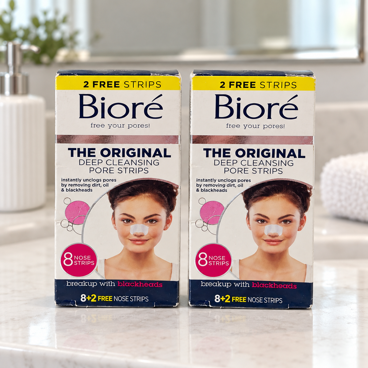 AI-generated bathroom vanity scene of two Bioré Original 8+2 nose-strip boxes, 20 strips total; props not included.