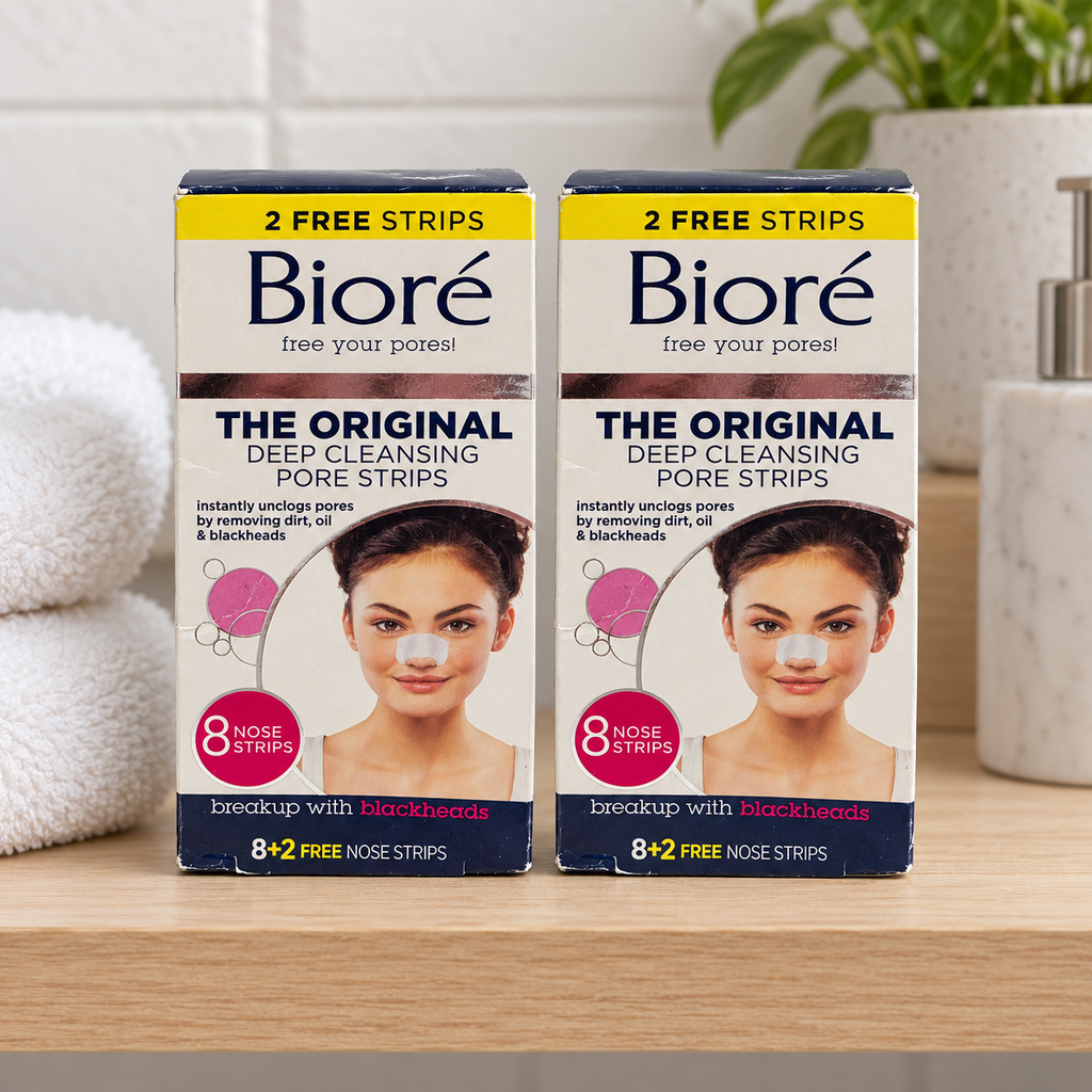 AI-generated wooden shelf scene of two Bioré Original 8+2 nose-strip boxes beside a towel; 20 strips total.