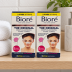 AI-generated wooden shelf scene of two Bioré Original 8+2 nose-strip boxes beside a towel; 20 strips total.