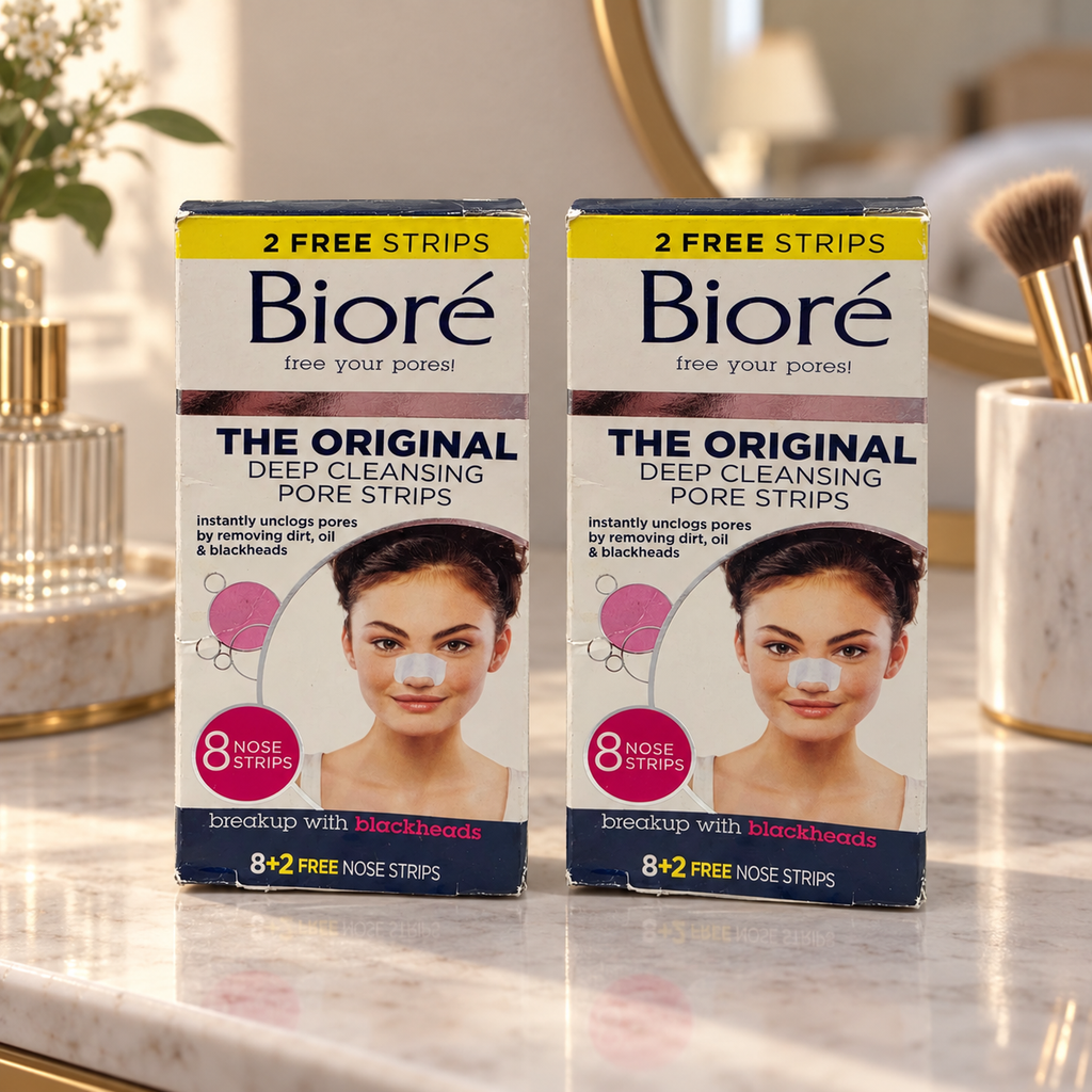 AI-generated dressing-table scene of two Bioré Original 8+2 nose-strip boxes, 20 strips total; props not included.