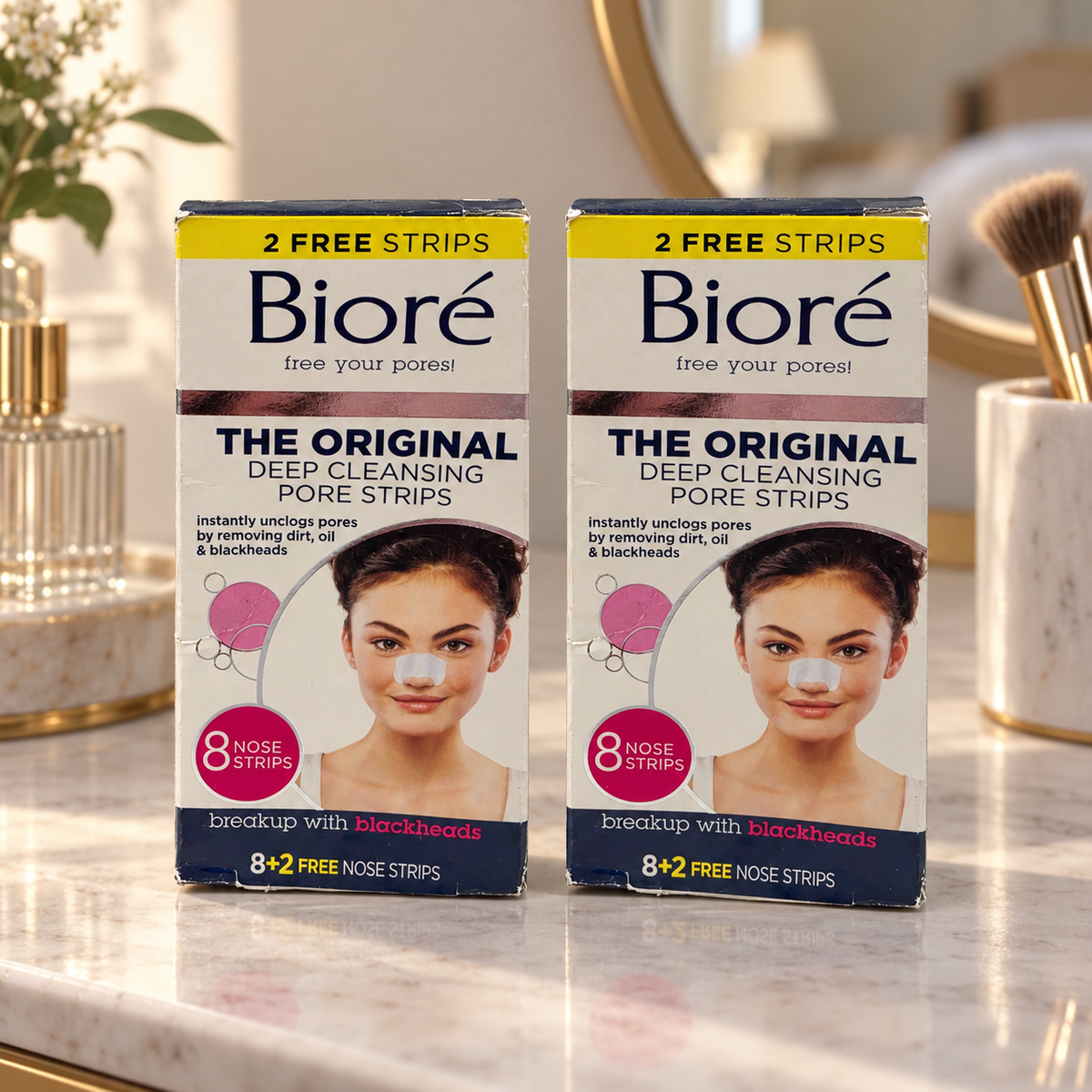 AI-generated dressing-table scene of two Bioré Original 8+2 nose-strip boxes, 20 strips total; props not included.