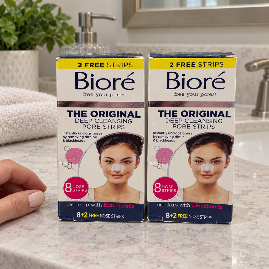 AI-generated bathroom counter scene of two Bioré Original 8+2 nose-strip boxes beside a hand; 20 strips total.