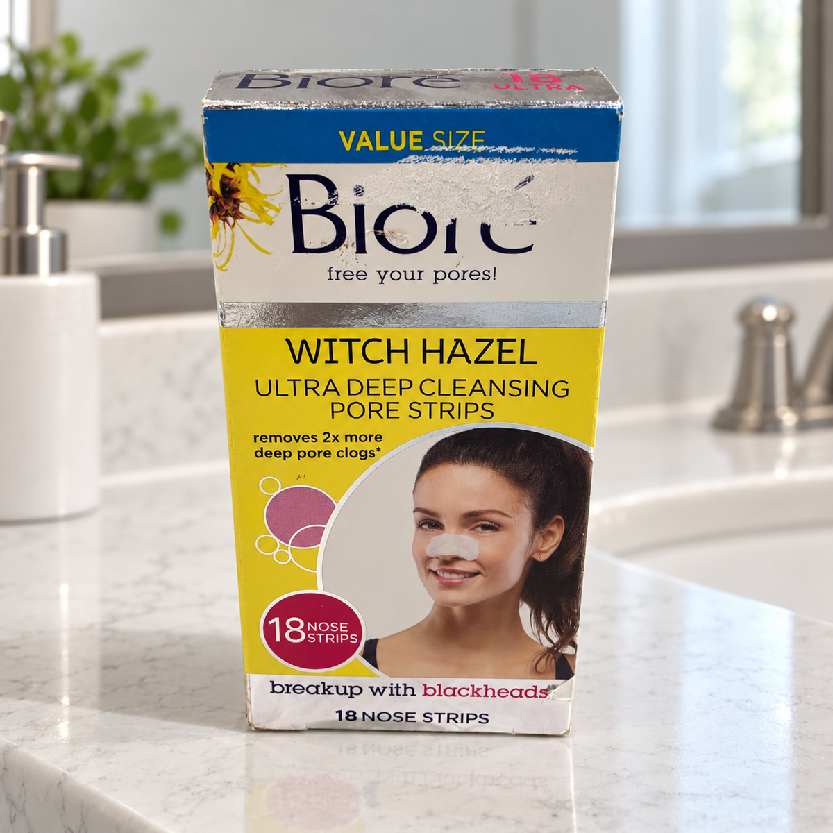 AI-generated bathroom vanity scene of one Bioré Witch Hazel 18-strip box with its visible label abrasion; props not included.