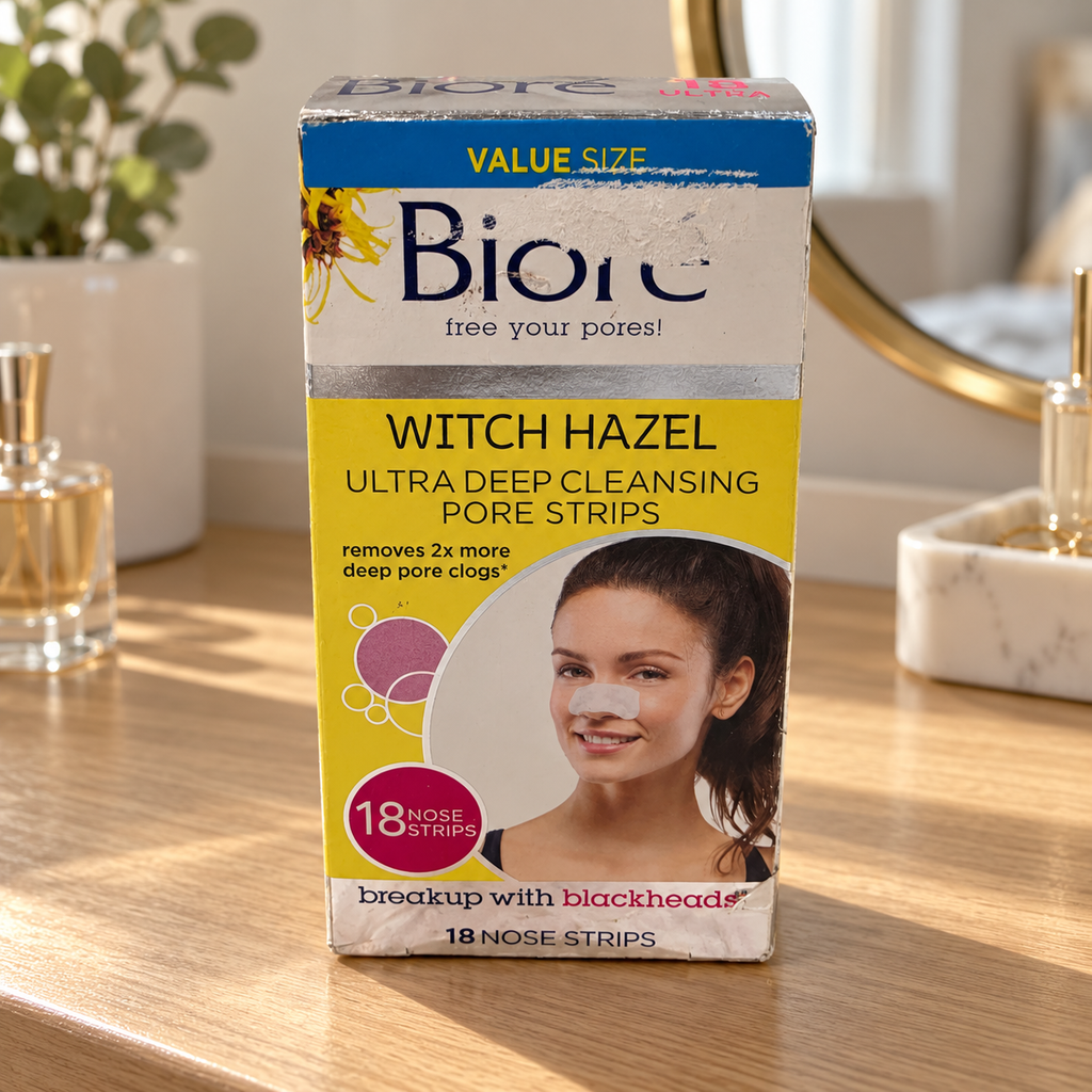 AI-generated dressing-table scene of one Bioré Witch Hazel 18-strip box preserving scuffed packaging; props not included.
