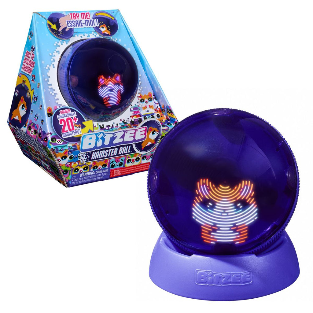 Retailer product reference: purple Bitzee Hamster Ball on its stand beside retail packaging; packaging language may differ from the actual item.