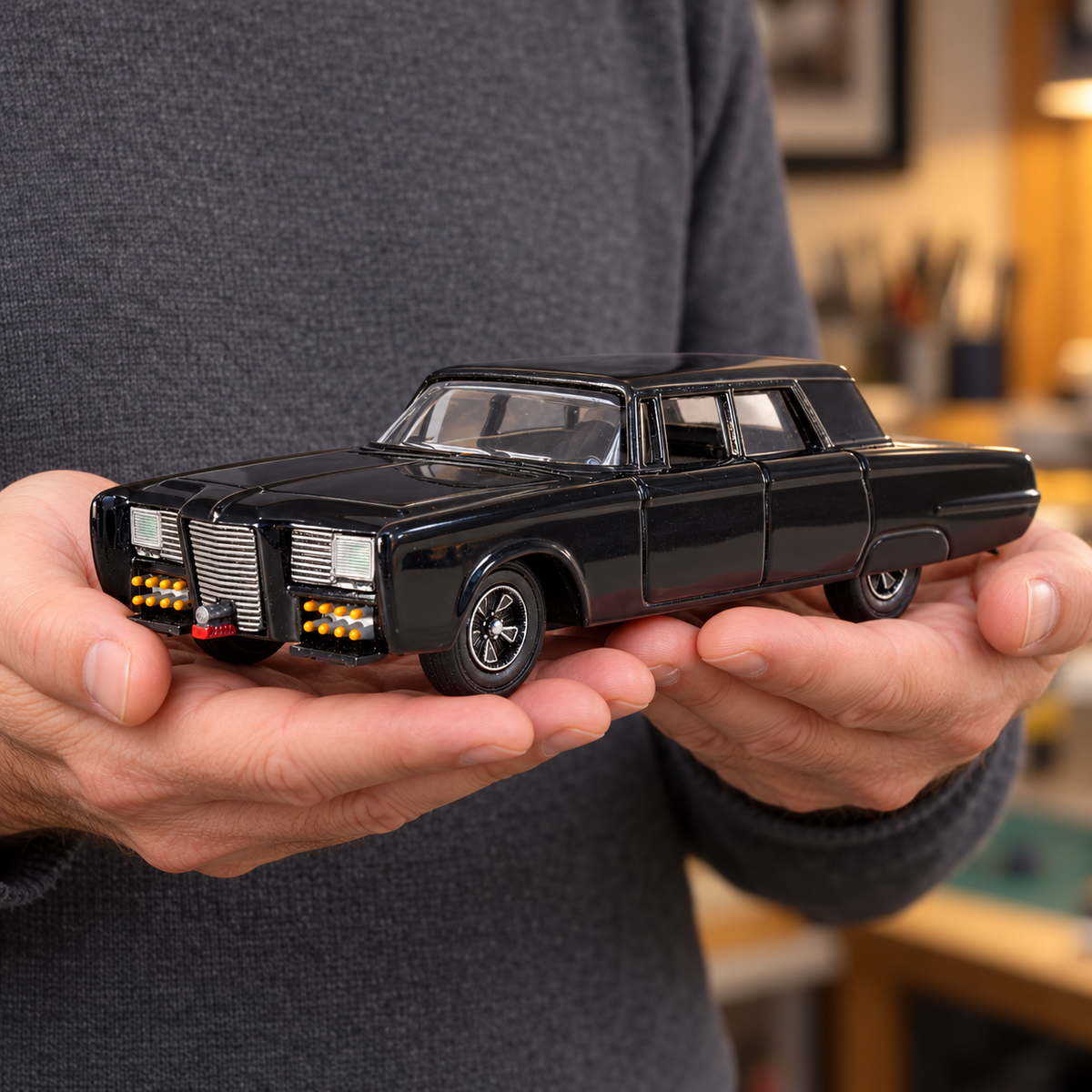 Illustrative finished Black Beauty 1/32 model supported in adult hands to show its compact scale; assembly is required.