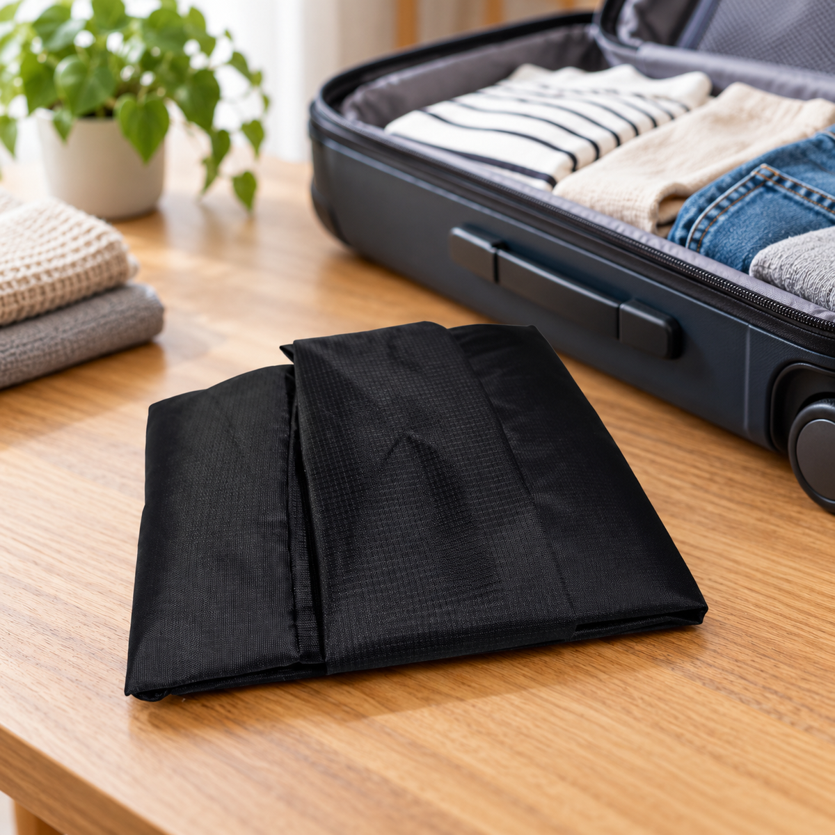 AI-generated packing-table scene of the black travel bag in its actual folded configuration; suitcase and clothing are not included.