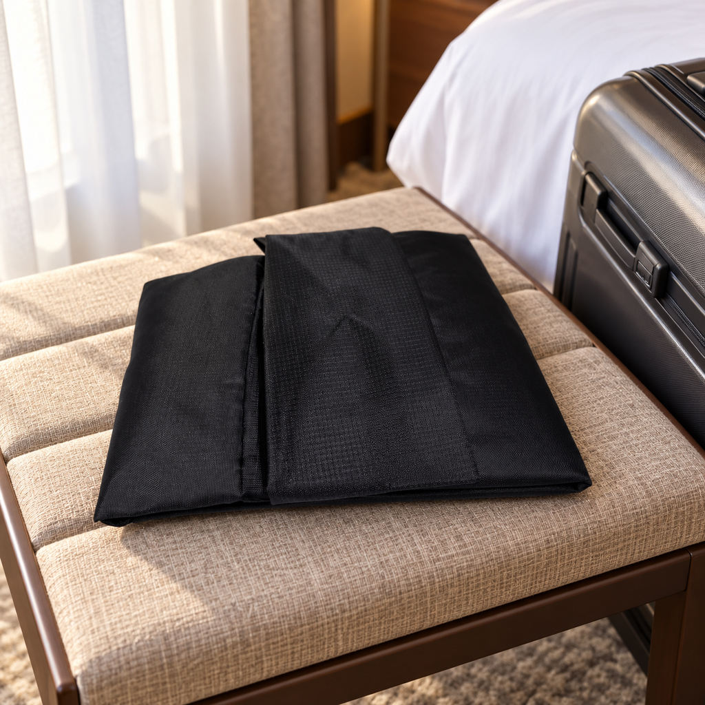 AI-generated hotel luggage-bench scene of the folded black travel bag; suitcase is a background prop.