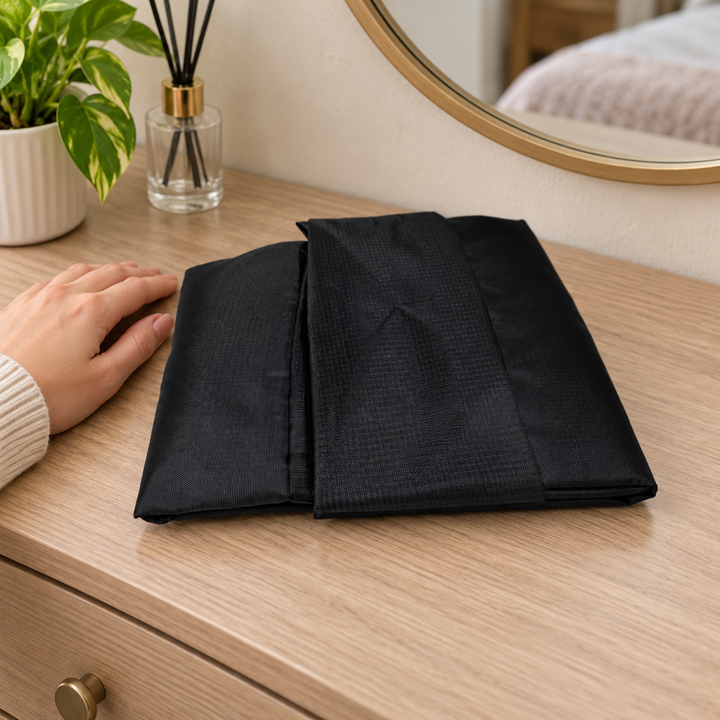 AI-generated dresser scene of the black folded travel bag beside a hand; props are not included.