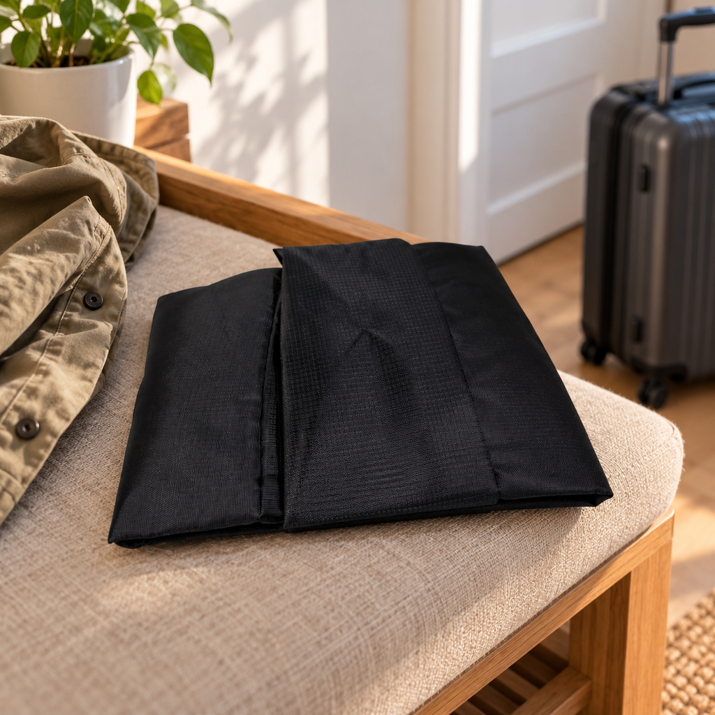 AI-generated entryway-bench scene of the black folded travel bag; jacket and suitcase are not included.