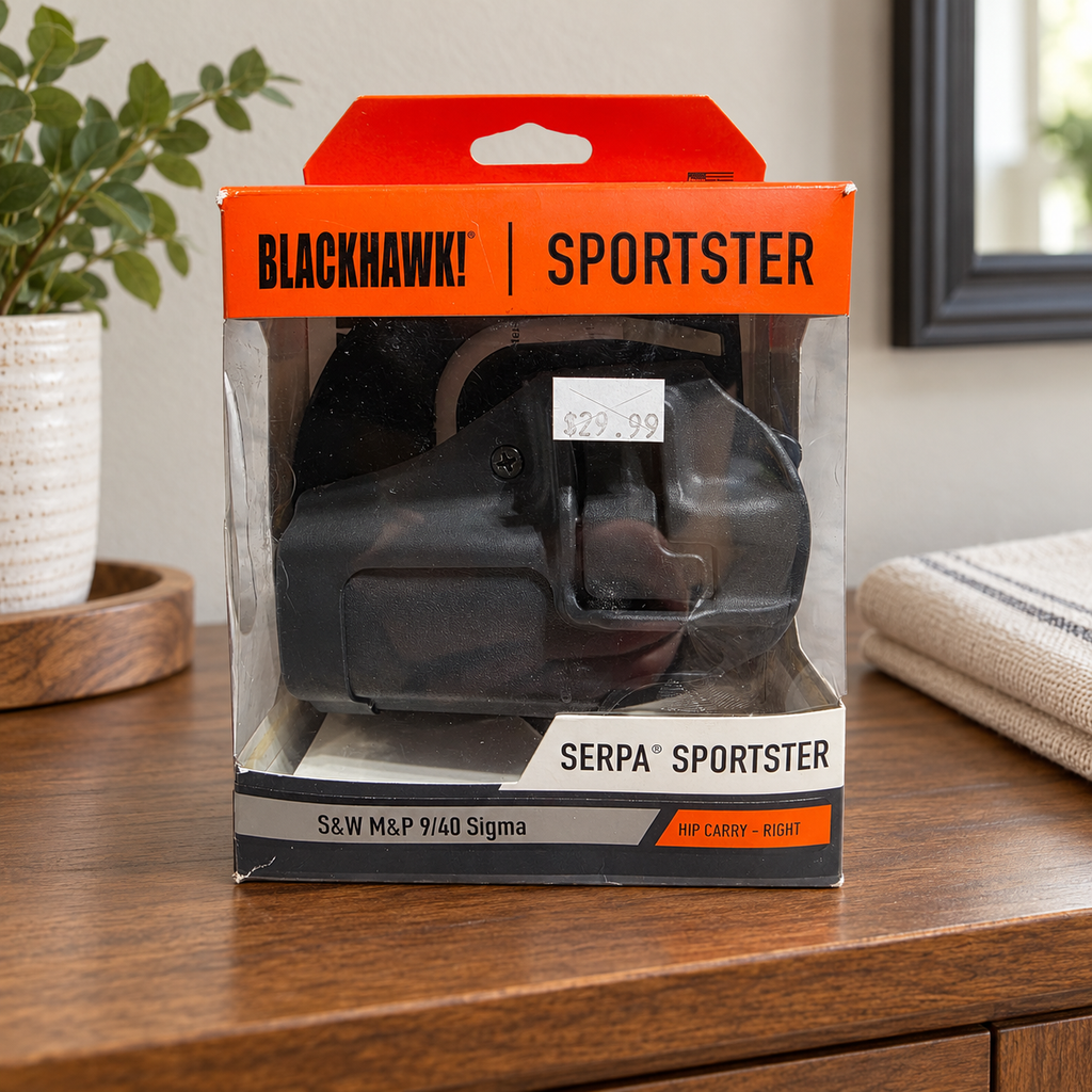 AI-generated entryway console scene of the boxed Blackhawk SERPA Sportster right-hand holster; no firearm or props included.