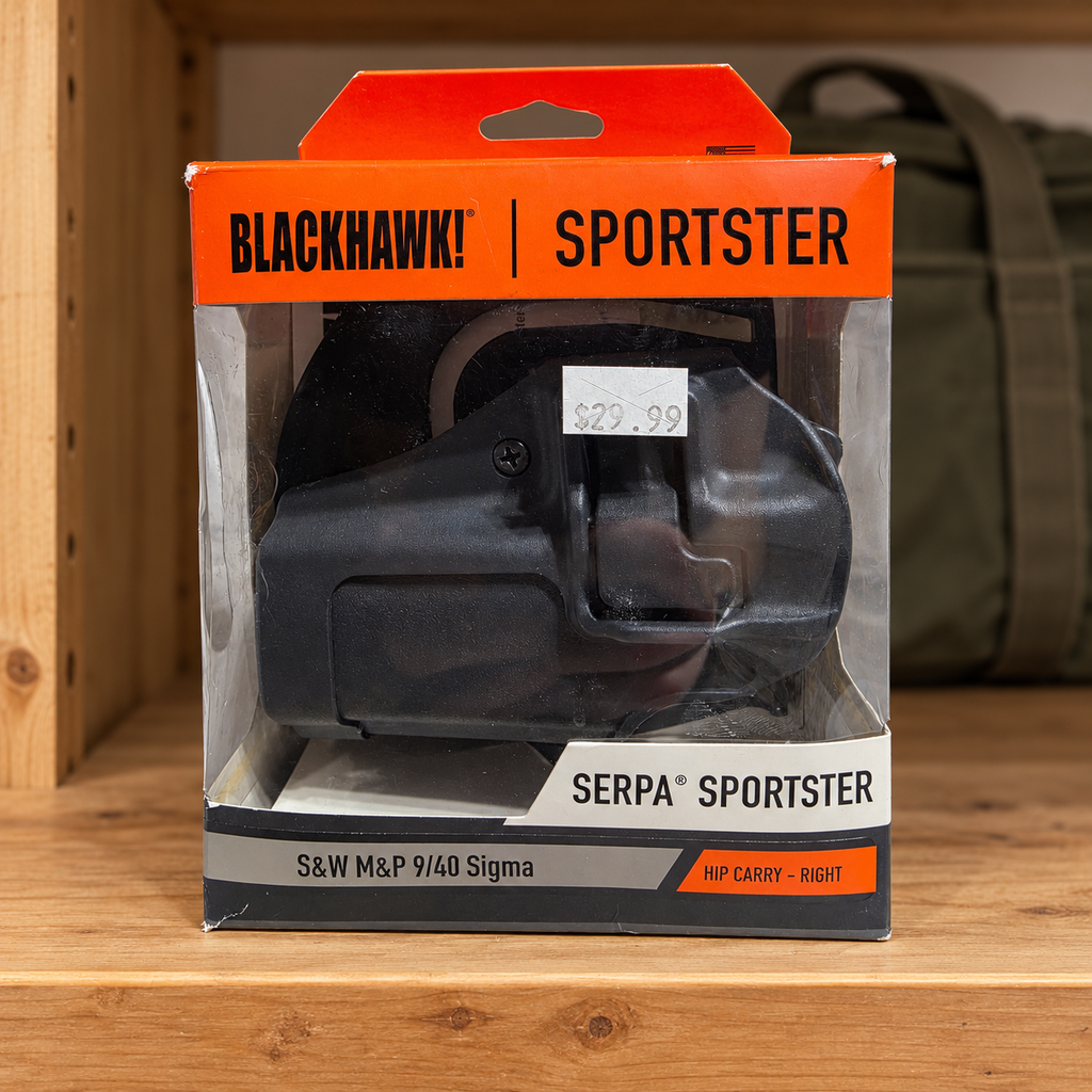AI-generated storage-shelf scene of the boxed Blackhawk SERPA Sportster holster; background bag not included.