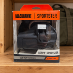 AI-generated storage-shelf scene of the boxed Blackhawk SERPA Sportster holster; background bag not included.
