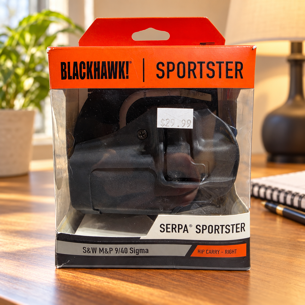 AI-generated home-desk scene of the boxed Blackhawk SERPA Sportster right-hand holster; desk props not included.