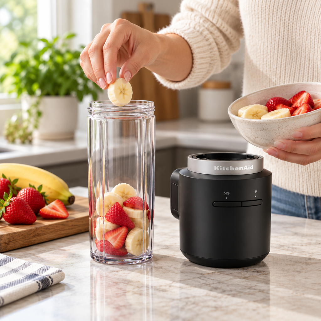 Adding fresh fruit to a KitchenAid Go personal blender jar before blending