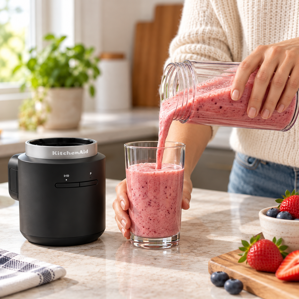 Pouring a cold smoothie from a KitchenAid Go blending jar into a glass