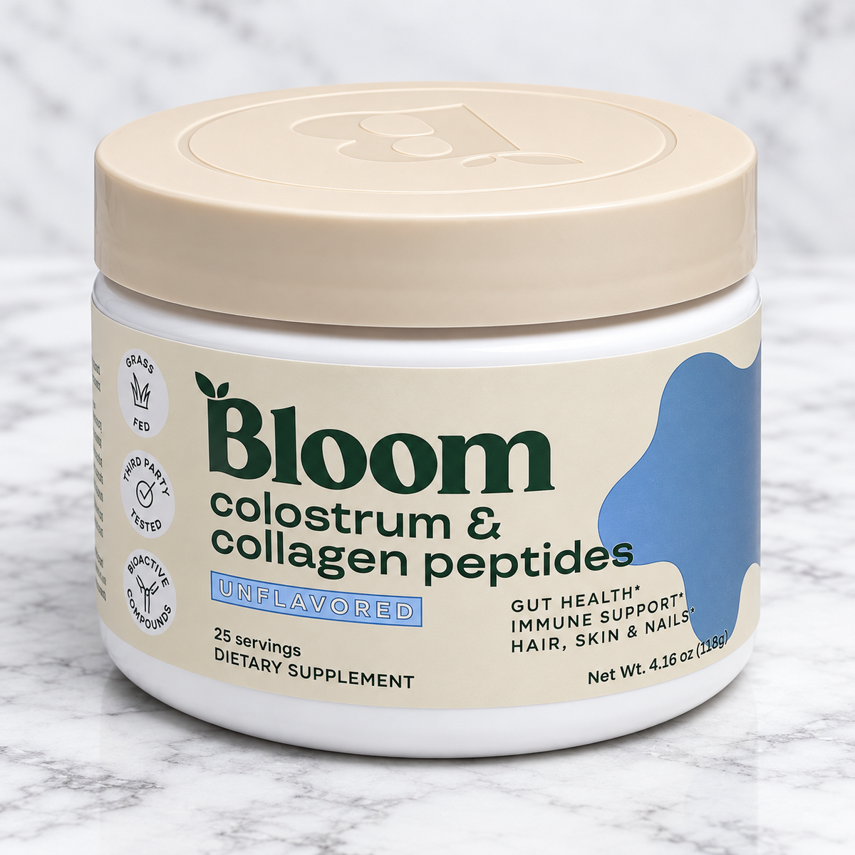 Bloom Colostrum and Collagen Peptides Unflavored 25-serving 118-gram sealed jar