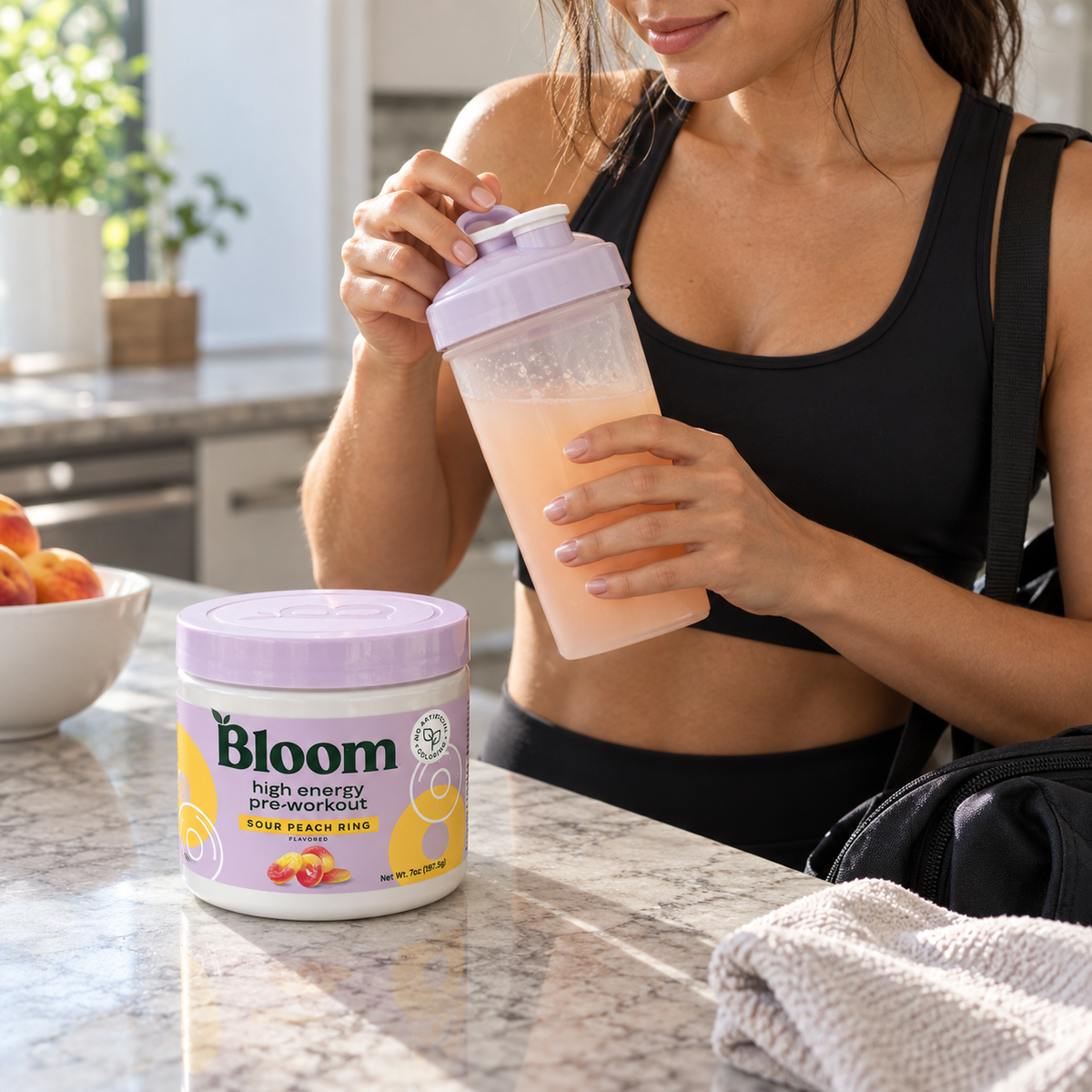 AI-generated illustration: preparing a shaker beside one Bloom Sour Peach Ring pre-workout tub; shaker and gym bag not included.