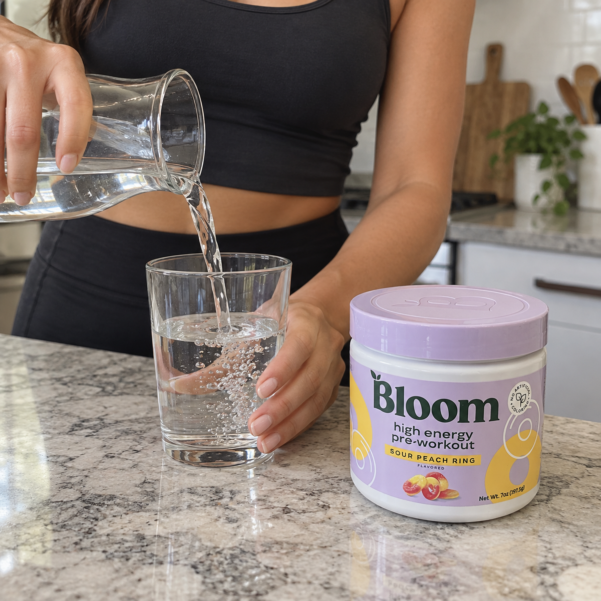 AI-generated illustration: pouring water beside one Bloom Sour Peach Ring pre-workout tub; glass and pitcher not included.