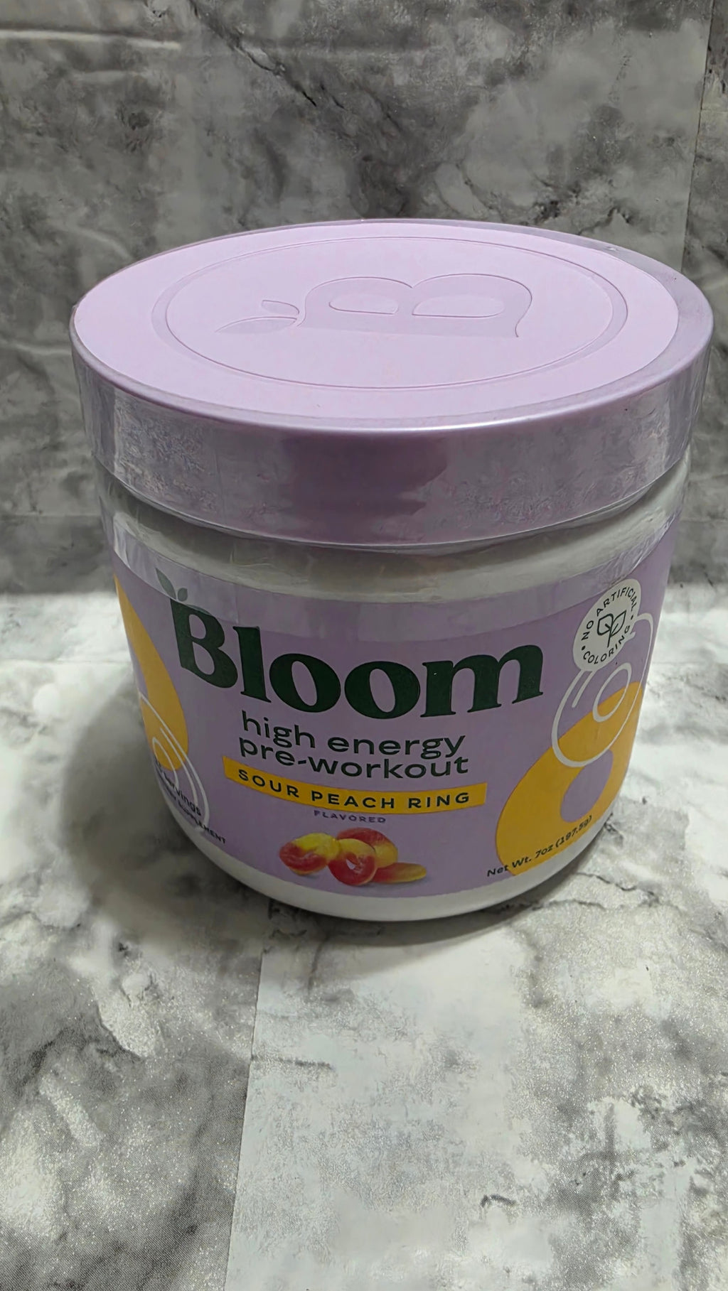 Actual Bloom High Energy Pre-Workout Sour Peach Ring 7 oz tub, front label