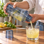 AI-generated lifestyle illustration of the blue cocktail shaker: pouring; drinks and background props not included.