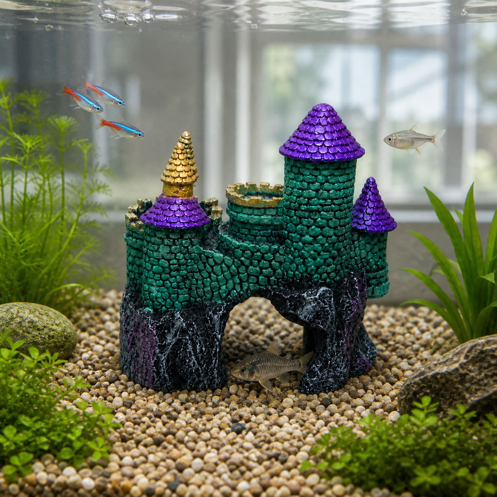 AI-generated context showing the real Blue Ribbon Hobbit Castle ornament in a display aquarium