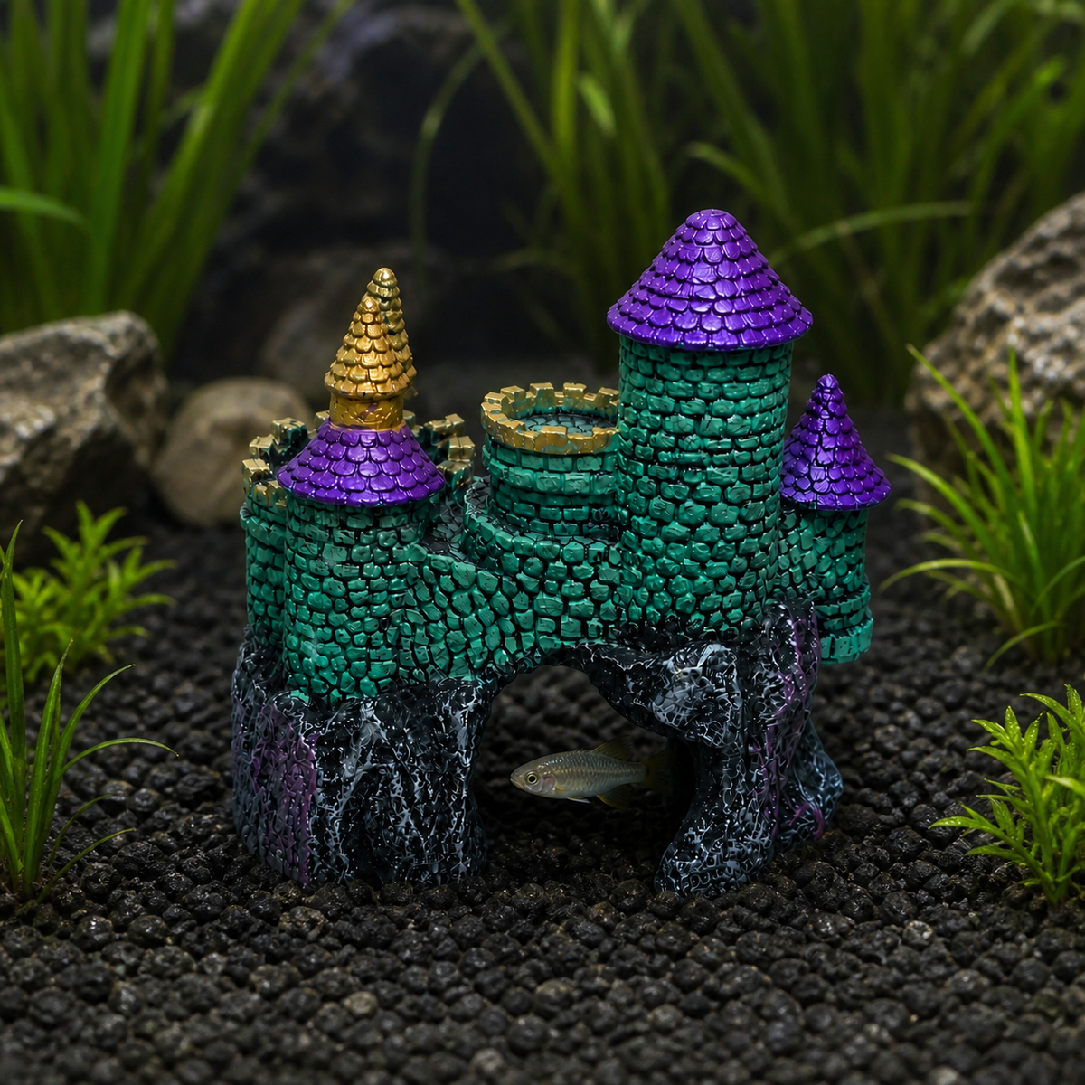 AI-generated context showing the real Blue Ribbon Hobbit Castle ornament in a freshwater aquarium