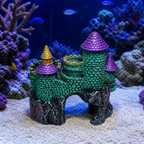 AI-generated context showing the real Blue Ribbon Hobbit Castle ornament in a saltwater aquarium