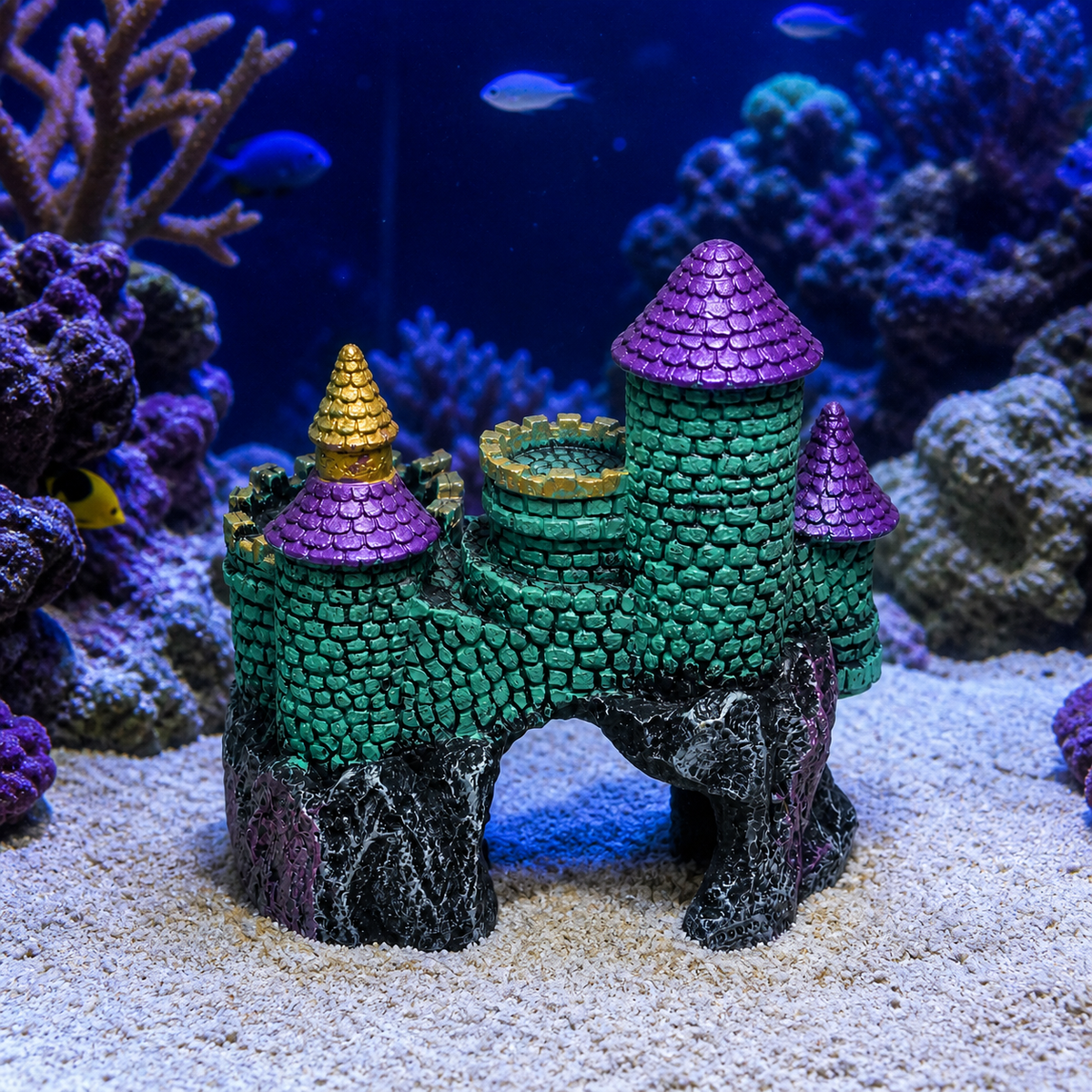 AI-generated context showing the real Blue Ribbon Hobbit Castle ornament in a saltwater aquarium