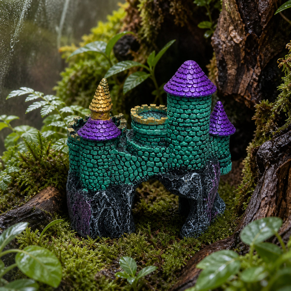 AI-generated context showing the real Blue Ribbon Hobbit Castle ornament in a terrarium
