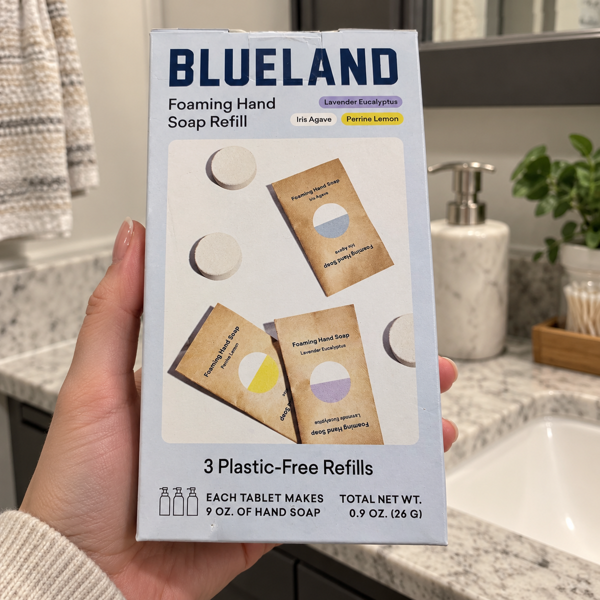 Blueland three-pack foaming hand soap refill box in a cabinet setting, AI-assisted illustration