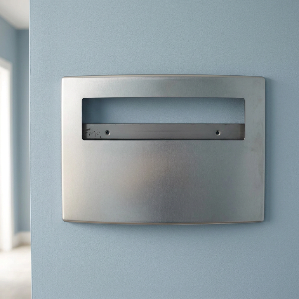 Bobrick B-4221 seat cover dispenser against a pale blue restroom wall.