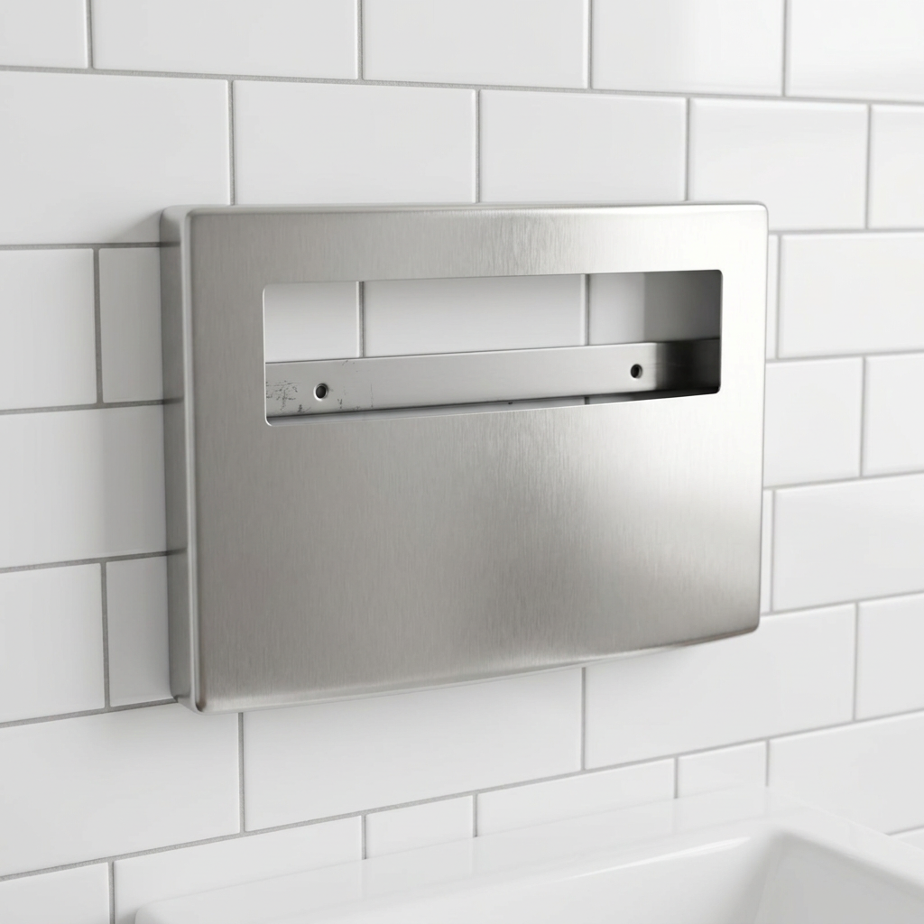 Angled view of the Bobrick B-4221 stainless steel dispenser in a tiled restroom.