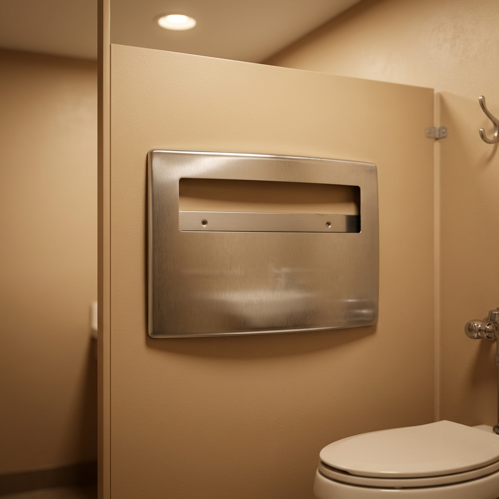Bobrick B-4221 seat cover dispenser shown on a restroom partition.