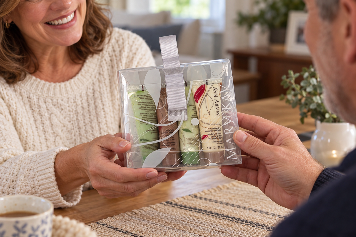 Two adults exchanging a Mary Kay four-piece Mini Botanical Body Care gift set.