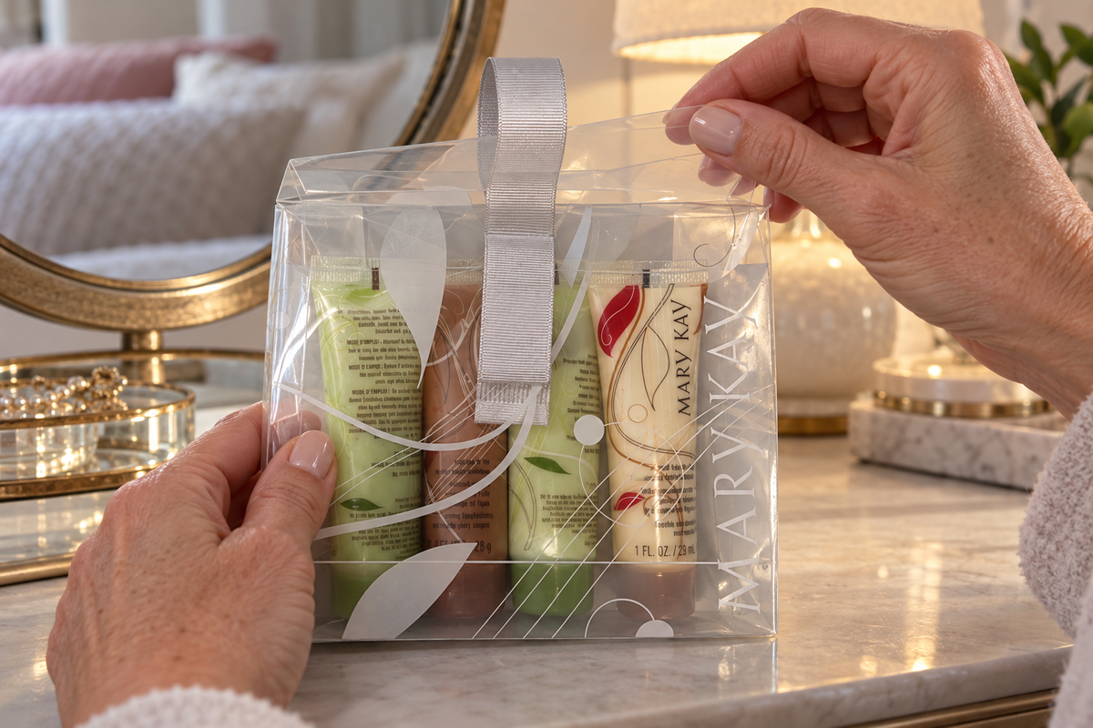 Hands opening the clear Mary Kay Mini Botanical Body Care gift packaging.
