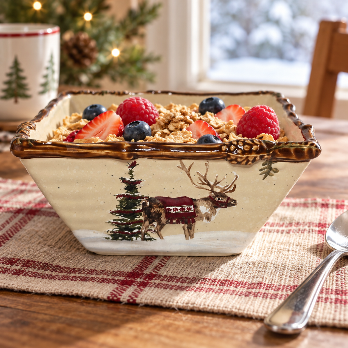 Snow Valley deer bowl with breakfast cereal and berries