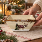 Hands placing a Snow Valley soup and cereal bowl on a table